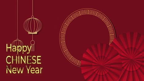 Animación-Del-Texto-De-Saludos-De-Año-Nuevo-Y-Decoraciones-Tradicionales-Chinas-Sobre-Fondo-Rojo