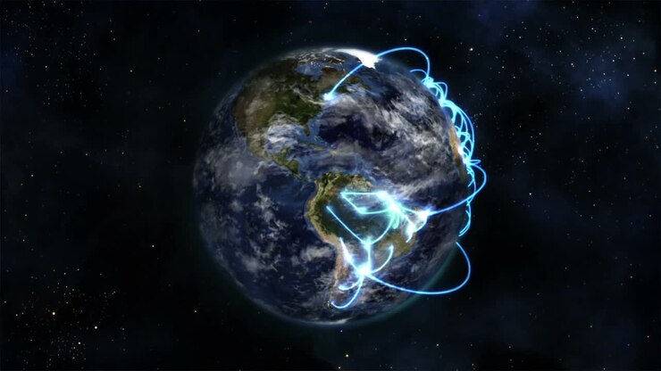 Terra girando com nuvens e links azuis no espaço, imagem da Nasa.org.