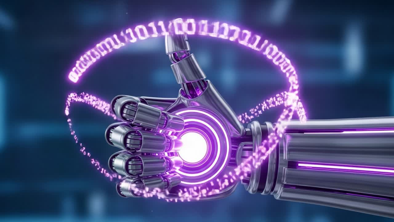 Impressive Robotic Hand Rendering with a Neon Glow, Displaying a Thumbs Up Gesture Amidst a Digital Background, Showcasing Advanced Technology and AI Integration