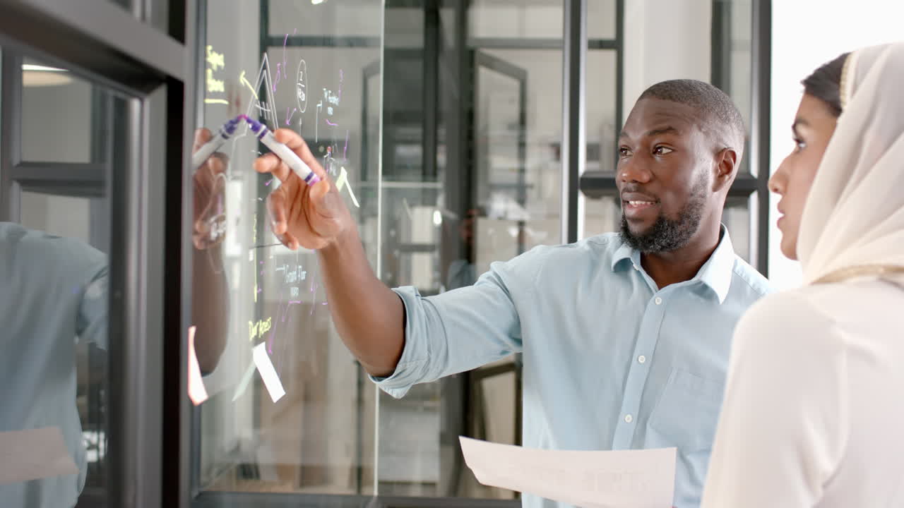 Businessman explaining strategy on glass board to colleague in office meeting