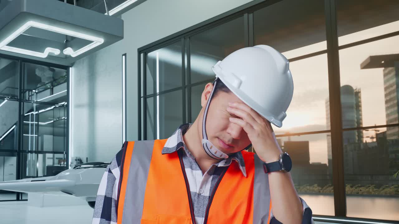 안전 헬을 입은 아시아 남성 엔지니어가 드론 프로젝트에서 일하면서 두통을 고 있습니다.