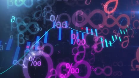 animation of line with financial data processing over mathematical symbols