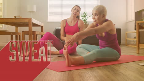 animation of sweat text over gay lesbian couple exercising together at home