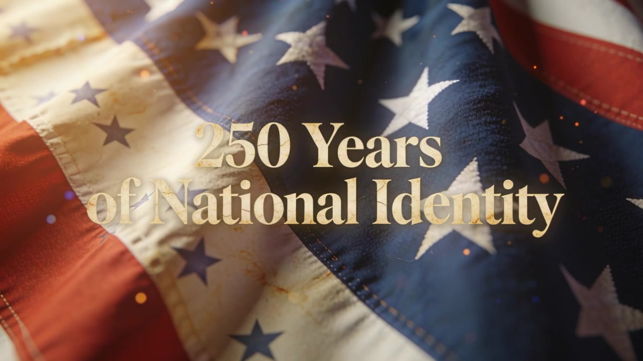 En kamerapanorering avslöjar en närbild av en amerikansk flagga som vajar i studio, med en guldtitel som markerar 250 år och bokeh-effekt.