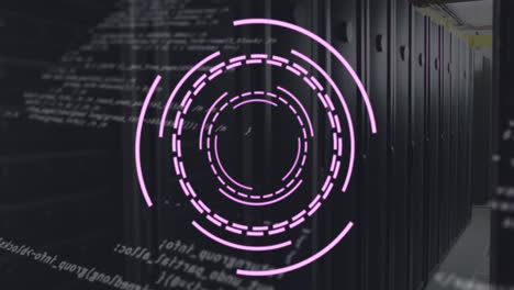 Animation-of-spinning-round-scanner-and-data-processing-against-computer-server-room