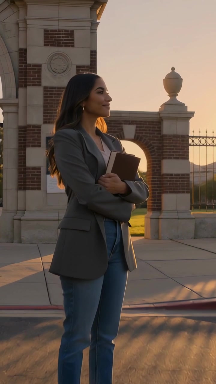Vídeo vertical: Mulher de blazer em pé, segurando um livro, refletindo em um arco enquanto a câmera se aproxima.