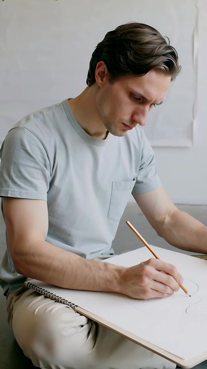 Vídeo vertical: Homem de camiseta cinza colocando o bloco de desenho e esboçando no estúdio, refinando círculos com lápis