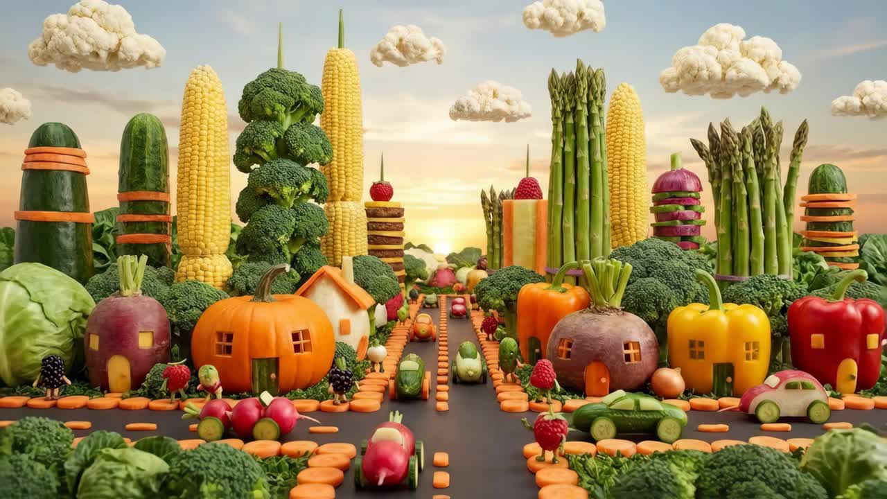 En kreativ vej og by lavet af grøntsager og frugt