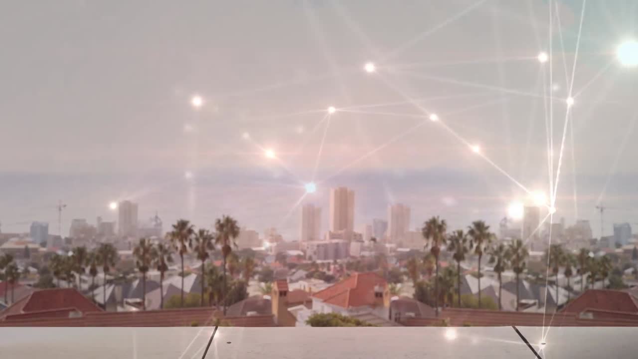 animación de la red de conexiones sobre el paisaje urbano