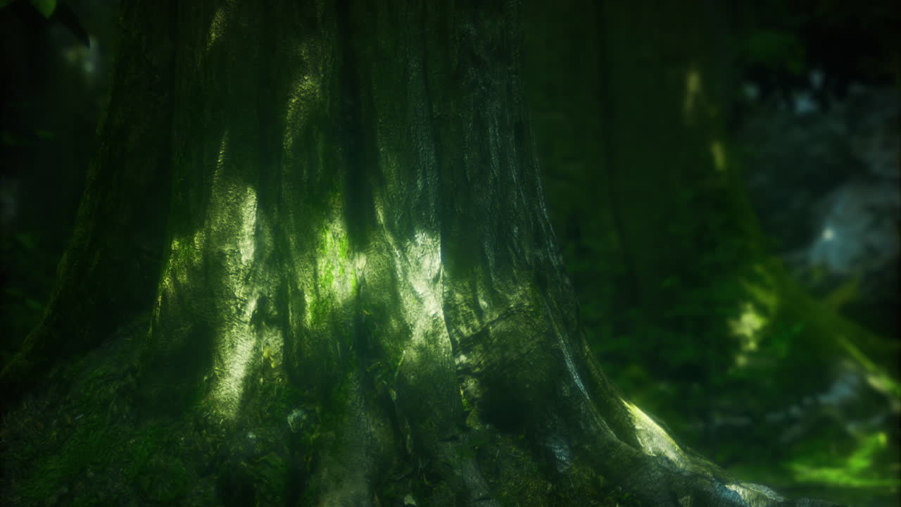 Sunlight filtering through leaves illuminates textured tree trunk in forest