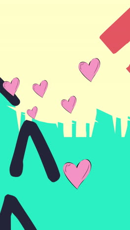 animación de corazones rosados flotando sobre formas en movimiento sobre fondo amarillo y verde