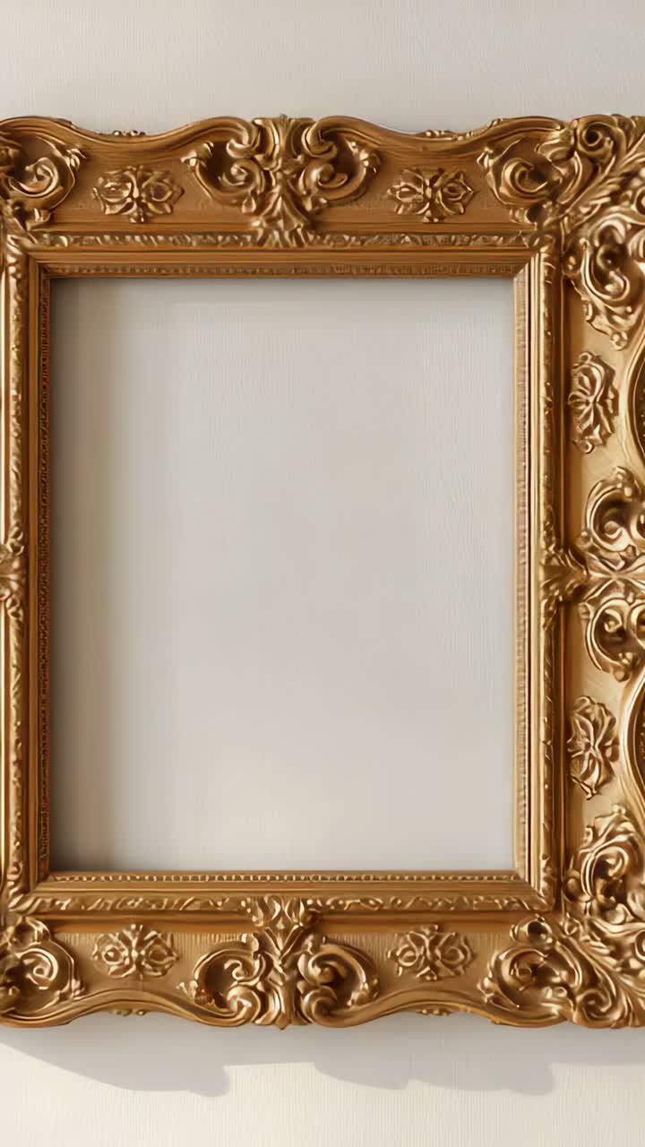 Vertical video: Shifting camera laterally in room, revealing ornate gold frame with blank matte