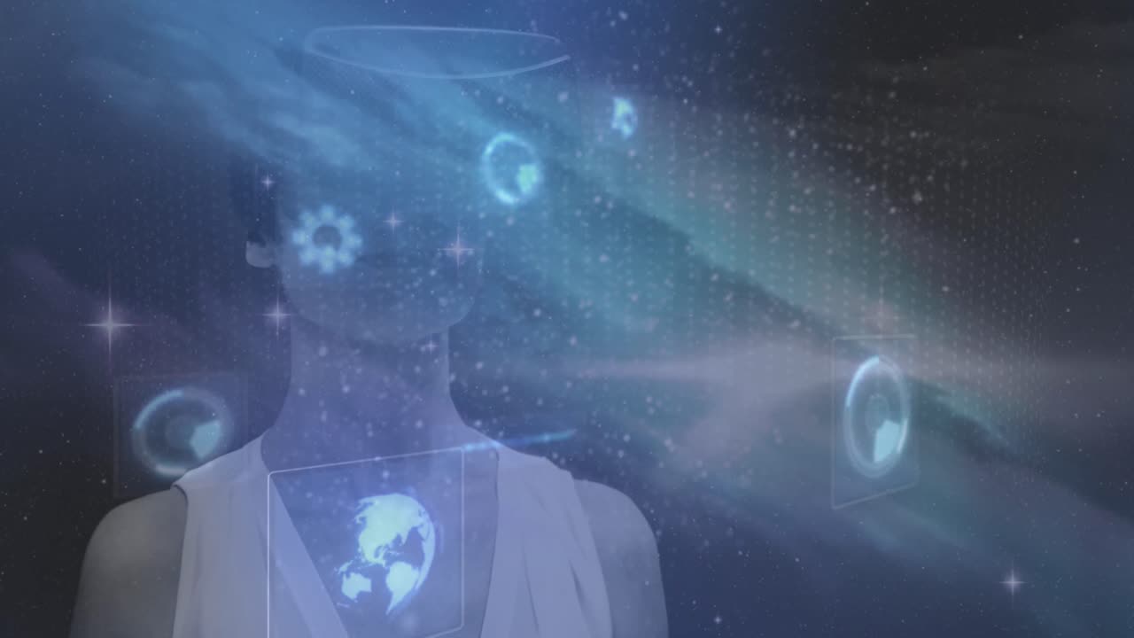 vr 헤드 ⁇ 을 착용 한 여성 위의 스크린에서 스캔하는 스 ⁇ 의 애니메이션