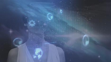 vr 헤드 ⁇ 을 착용 한 여성 위의 스크린에서 스캔하는 스 ⁇ 의 애니메이션