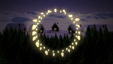 animation of fairy light frame with copy space over fir trees and winter scenery