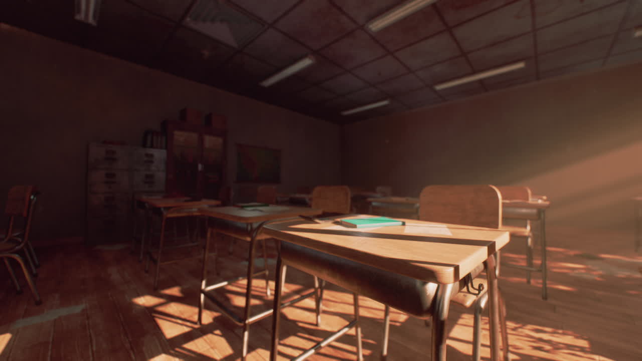 Abandoned classroom with wooden desks illuminated by soft sunlight