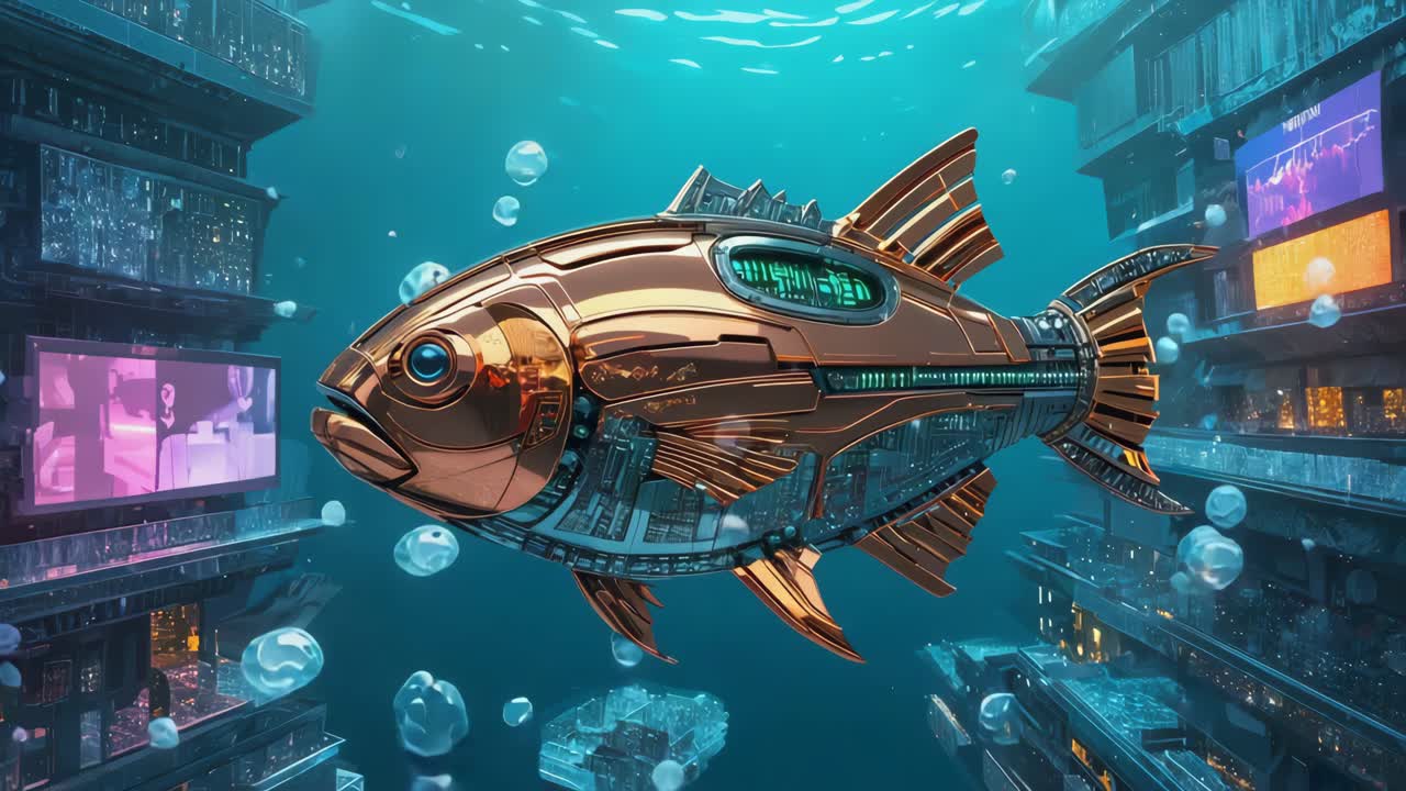 Futuristic Robotic Fish in Underwater Cyberpunk City
