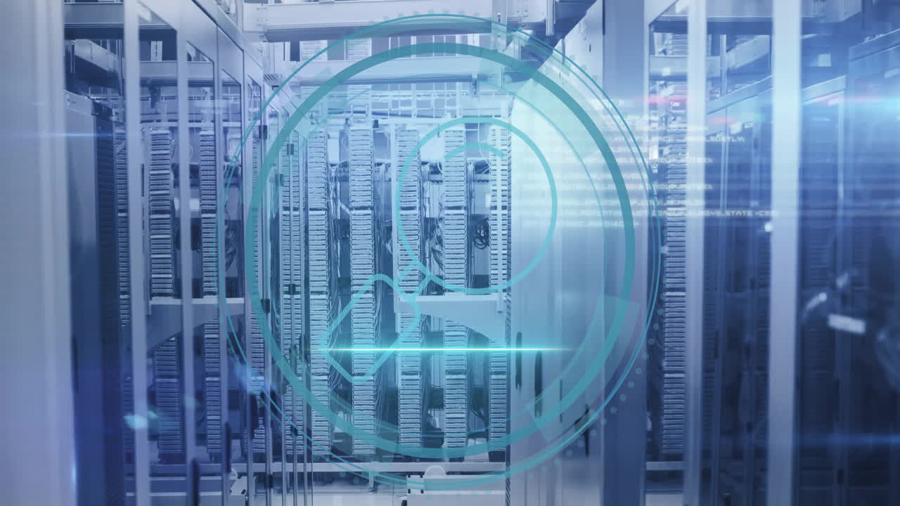 확대 유리 아이콘의 애니메이션과 컴퓨터 서버를 통해 디지털 데이터 처리