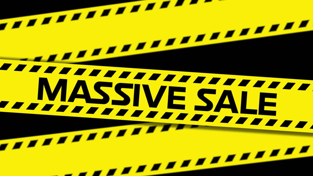 노란색 위험 테이프에 대규모 판매 텍스트의 애니메이션, 검은색에 오렌지색 연기 폭발