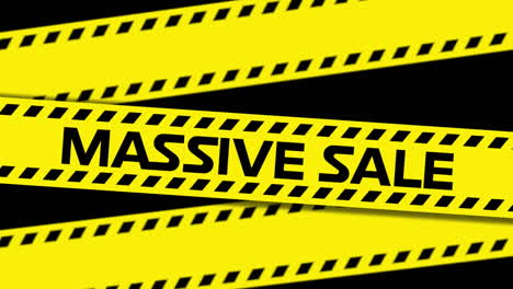 animation of massive sale text on yellow hazard tape, over orange smoke explosion on black