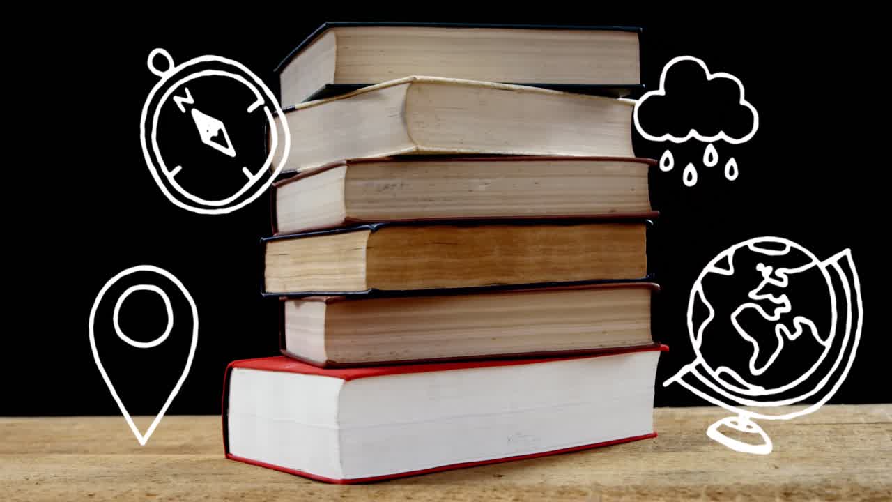 School concept icons against stack of books on wooden surface