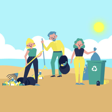 volunteers cleaning up beach pollution