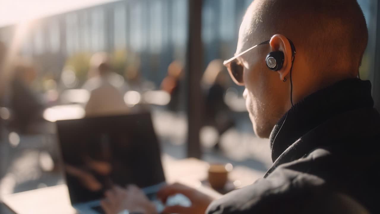 A Focused Individual Wearing Headphones Engaged in Work on a Laptop in a Bright Outdoor Café Setting, Surrounded by a Lively Atmosphere