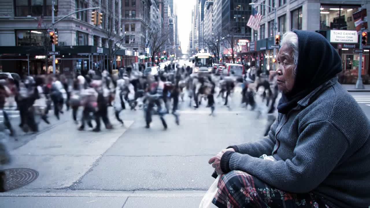 An elderly woman sits alone, wrapped in a shawl, observing the bustling crowd of pedestrians crossing the street in a vibrant urban setting. Busy city life unfolds around her as she watches.