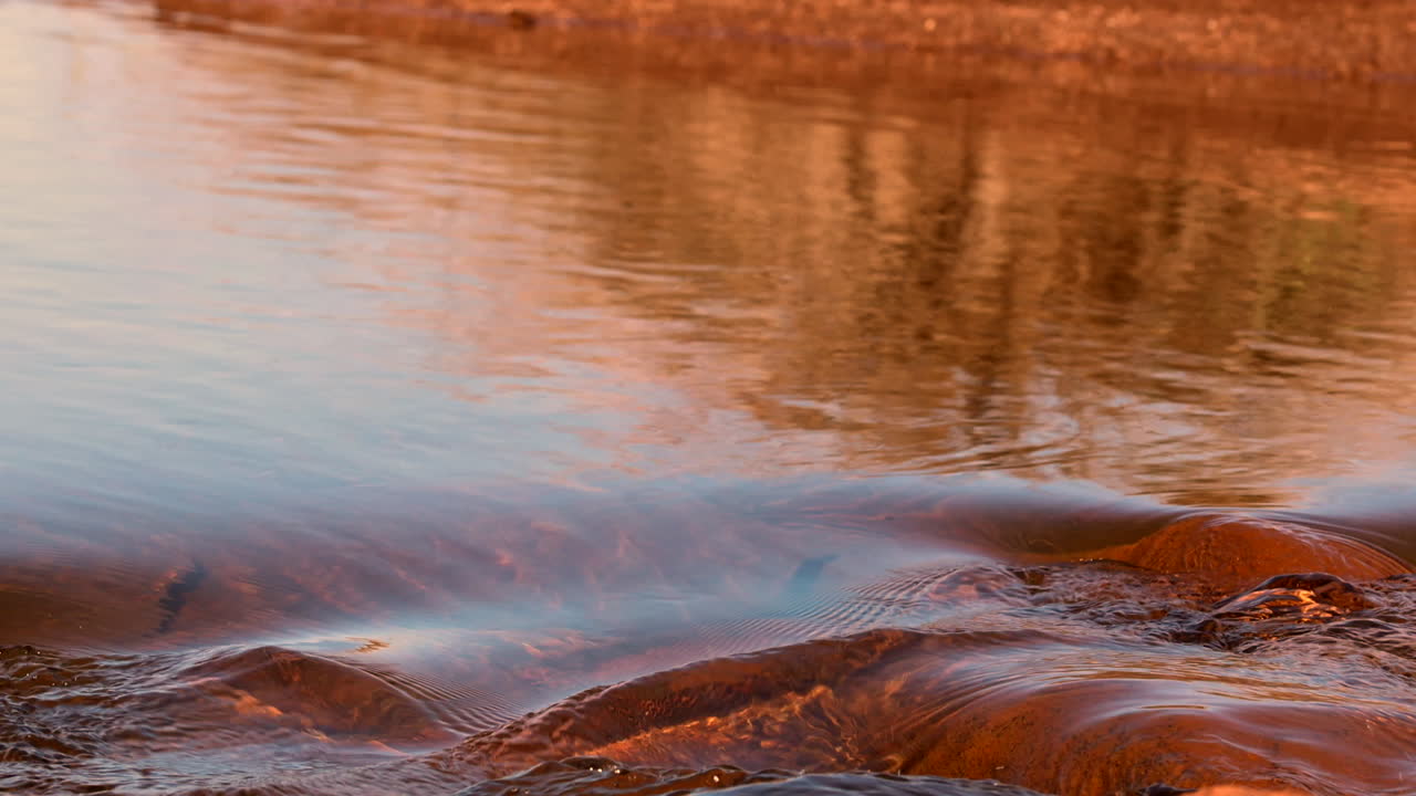 Running stream water glistens over rocks with sunlight reflections on top