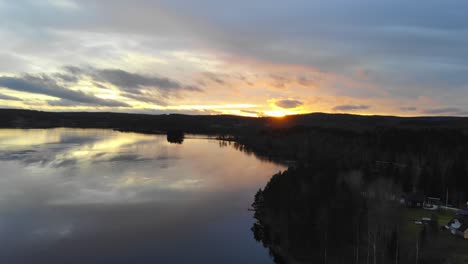 drone footage of sunset at lake in sweden