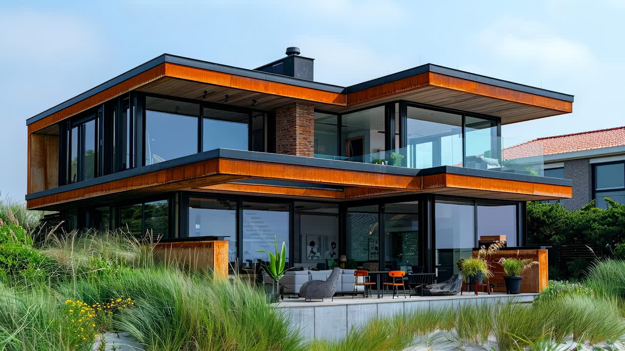 Stylish modern house near the beach. A contemporary house features large glass windows and a unique design, surrounded by tall grass and coastal plants