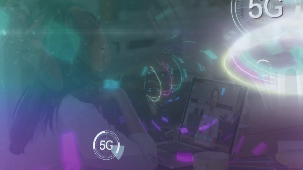 Animation of neon tunnel and 5g moving fast over female lab worker