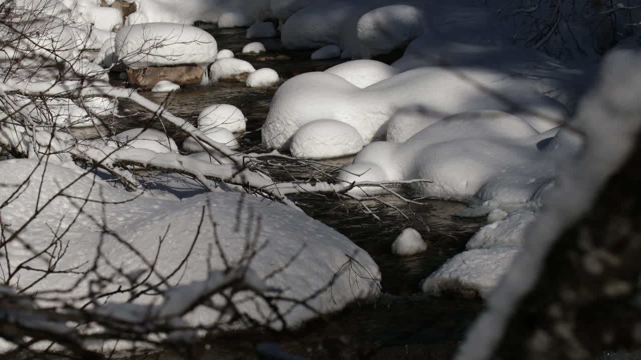 Dreamy shot of a river flowing through Gstaad, Switzerland, surrounded by snow-covered rocks, crystal-clear water, and warm winter sunlight creating a magical alpine atmosphere