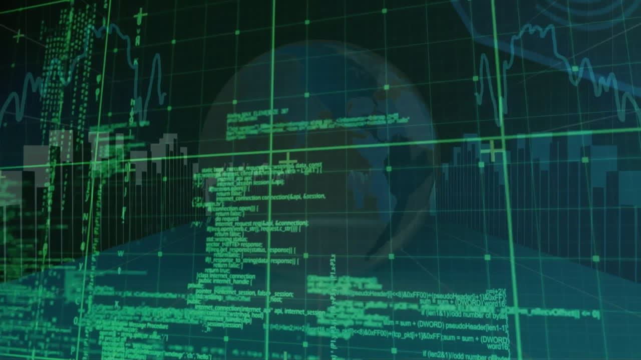 animación del globo y procesamiento de datos digitales sobre fondo negro