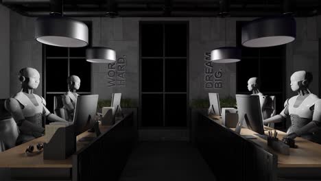multiple humanoid robots working at desks with computers in a office interior illuminated by purple lighting. modern workspace, artificial intelligence concept