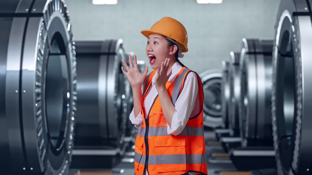 안전 헬을 입은 아시아 여성 엔지니어가 카메라를 향해 미소 짓고 금속 공장에서 서서 와우라고 말합니다.