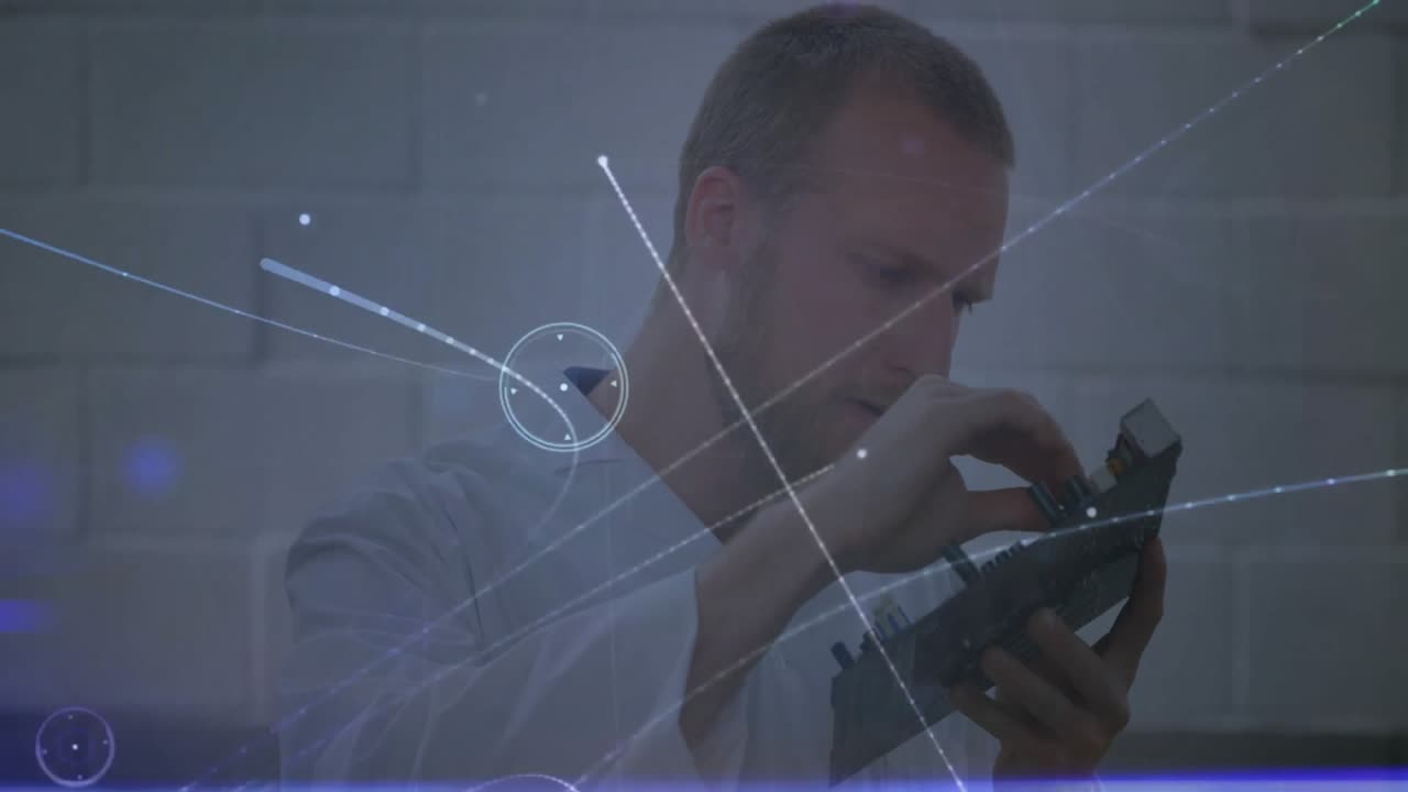 Technician lifting circuit board, inspecting parts as holographic overlays intensifying converging