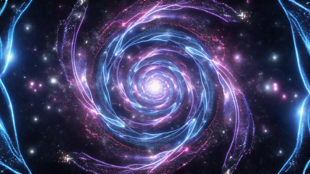 Tunnel Cosmico a Spirale Astratto con Particelle di Luce Blu e Viola Luminose