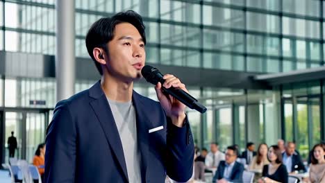 a man in a suit is singing into a microphone in front of a crowd