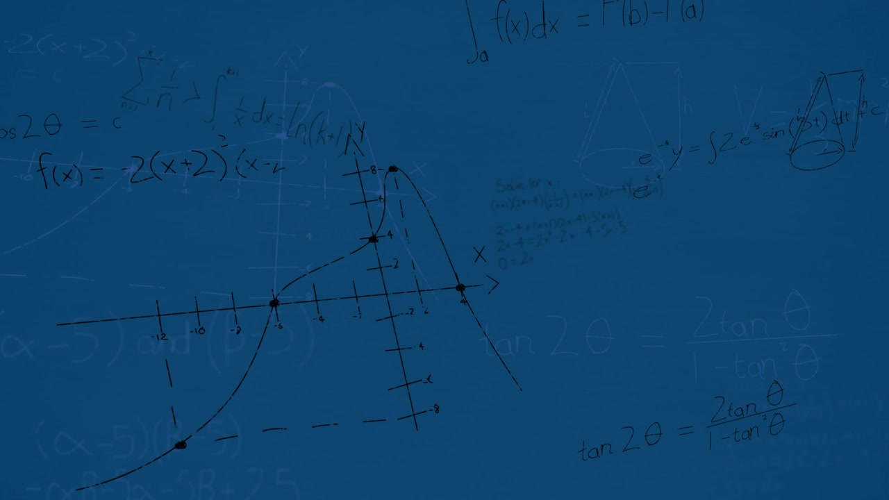 Animation of mathematical equations and diagrams floating against blue background
