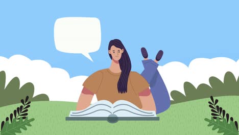 joven estudiante leyendo un libro en el campamento