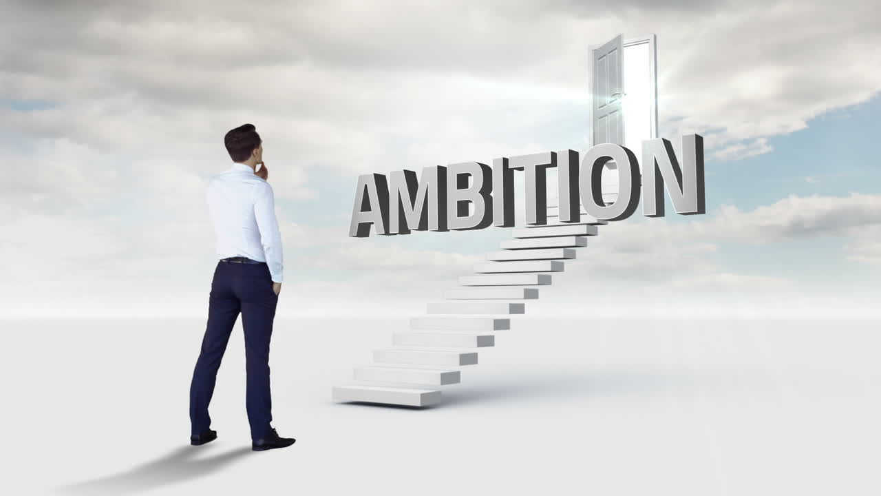 계단 위에 떠다니는 단어를 바라보는 사업가