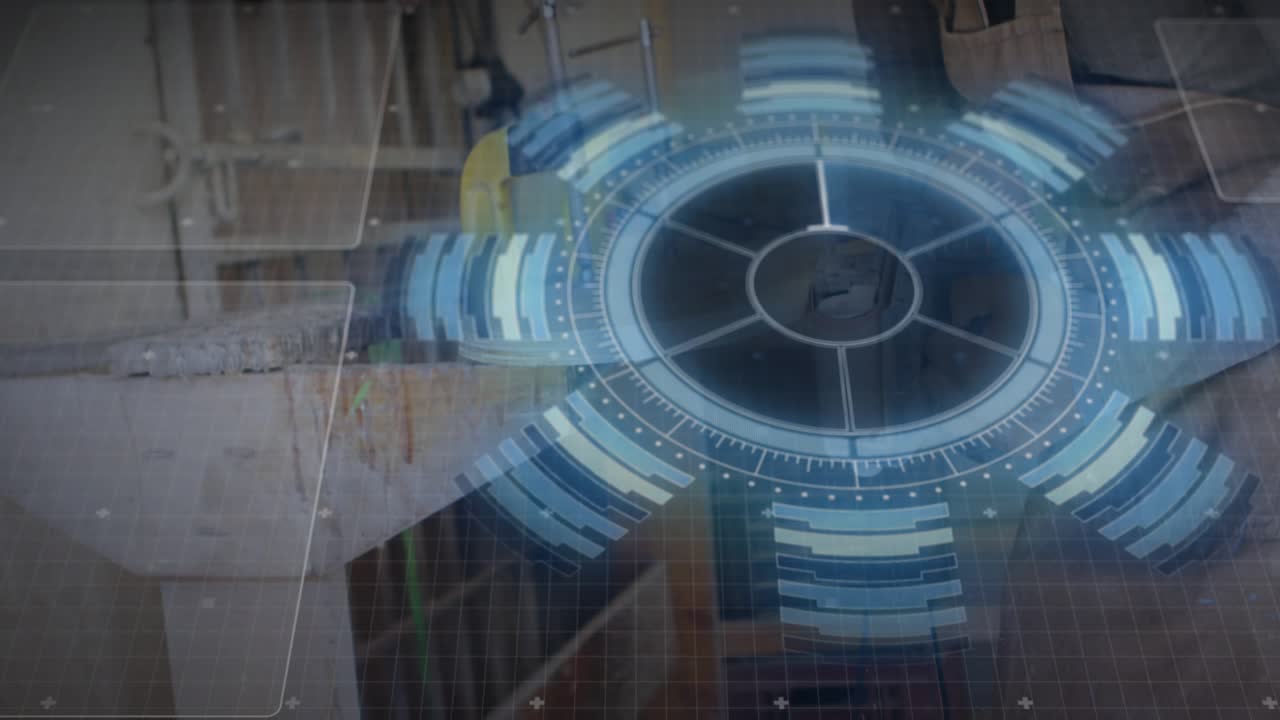 Workshop technician touching transparent hologram ring and initiating code panel and graph updating