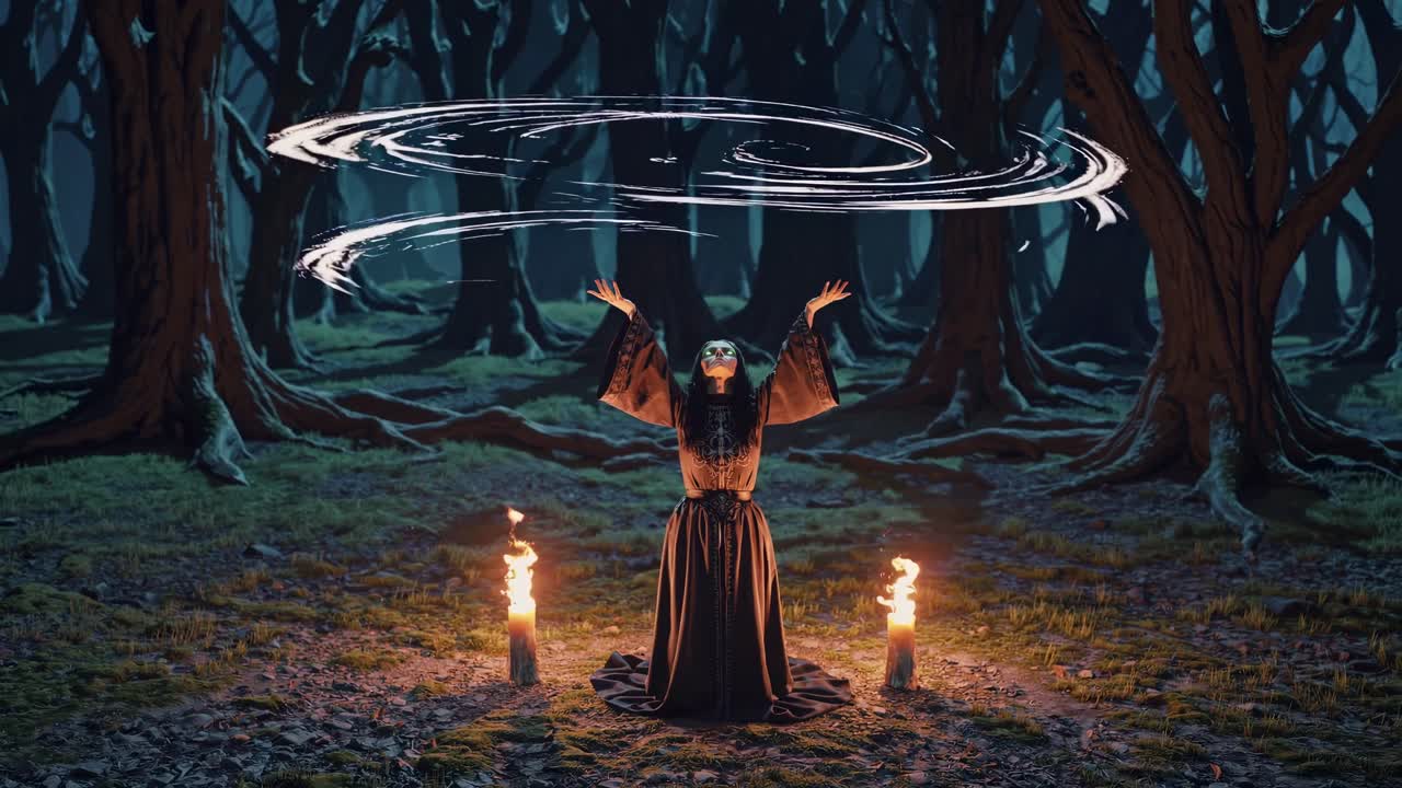 A mystical video scene with a low-angle shot of a robed figure in a dark, eerie forest, arms raised