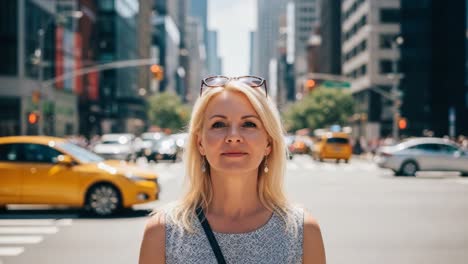 blonde woman standing on a busy city street