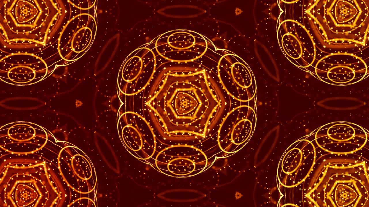 Abstraction of microworld of nanotechnology. 4k looped sci-fi 3d background with glow gold particles form lines, surfaces, pattern, complex symmetrical kaleidoscopic structures. 21
