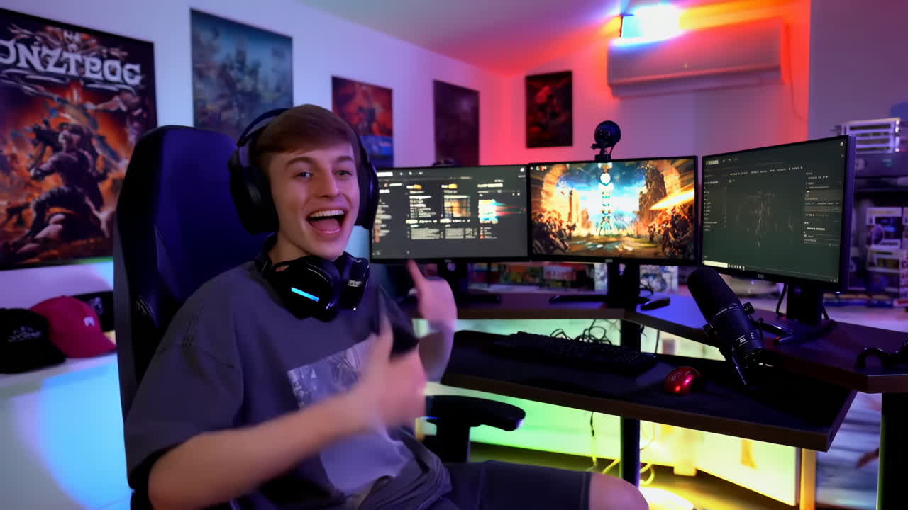 Reazione entusiasta di un giovane gamer nel suo setup di streaming definitivo