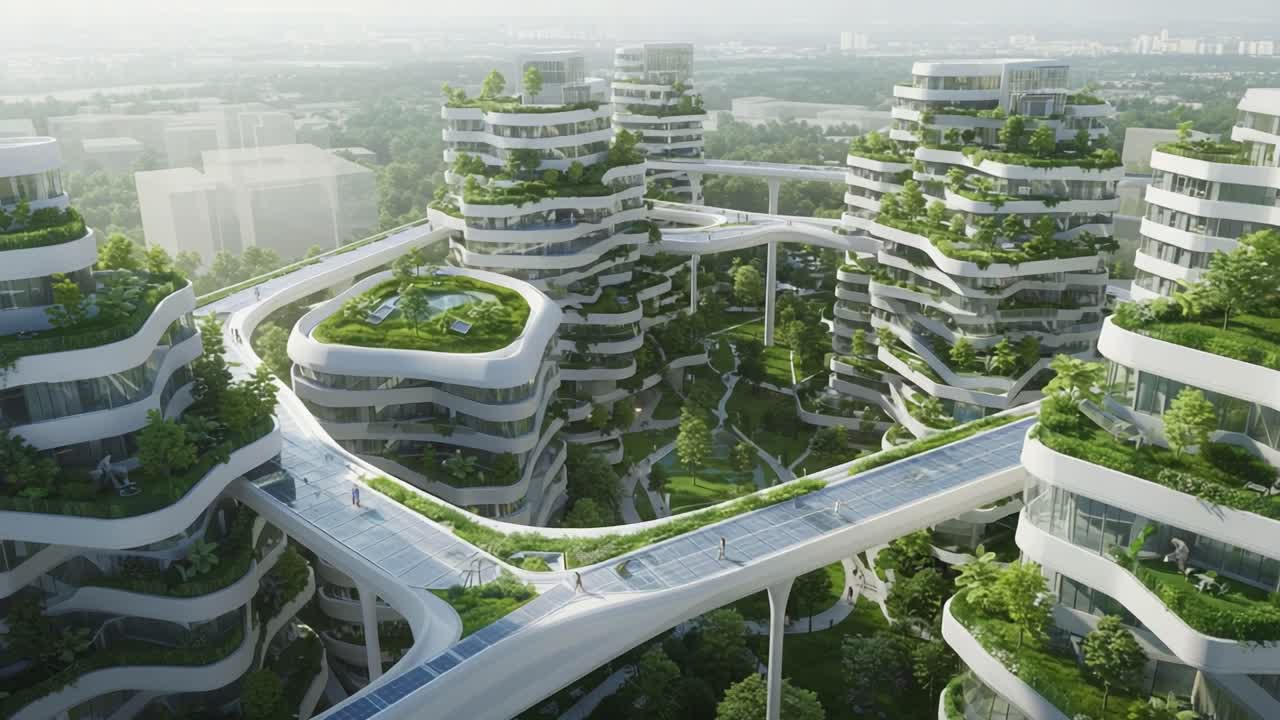 Aerial View of Innovative Eco-Friendly Urban Architecture Featuring Green Terraces and Walkable Pathways Connecting Contemporary Residential Towers