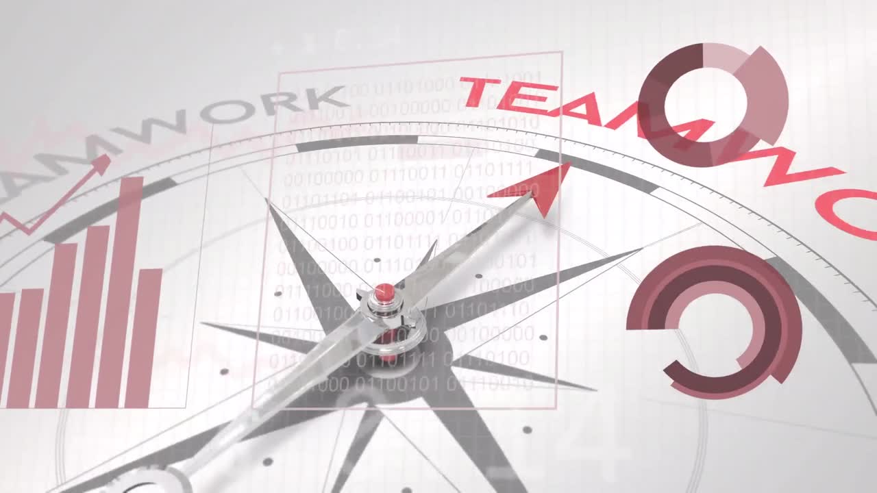 팀워크 텍스트에서 바늘이 움직이는 나침반을 통해 통계 데이터 처리의 애니메이션