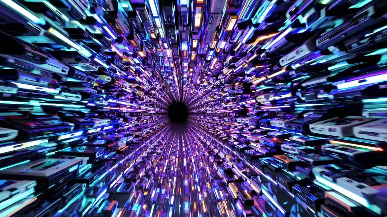 Dynamic visual journey through a vibrant tunnel of colorful lights and shapes, showcasing a continuous flow of energy and motion in a mesmerizing digital environment
